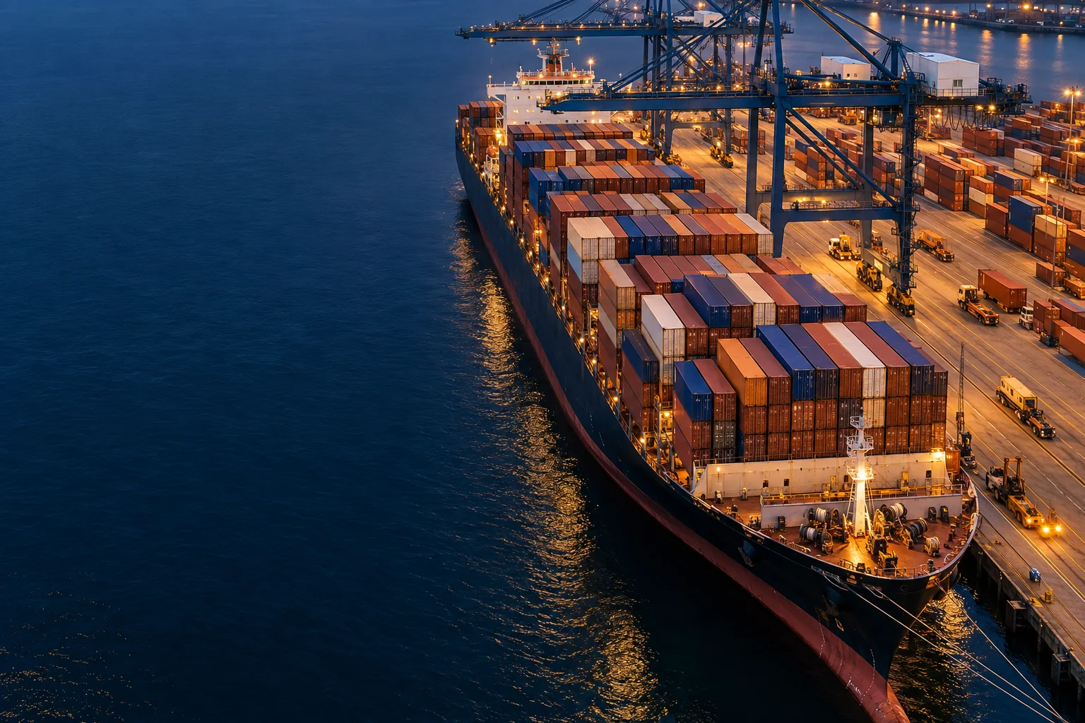 Conceptual industry illustration: a container vessel and working terminal at dusk.
